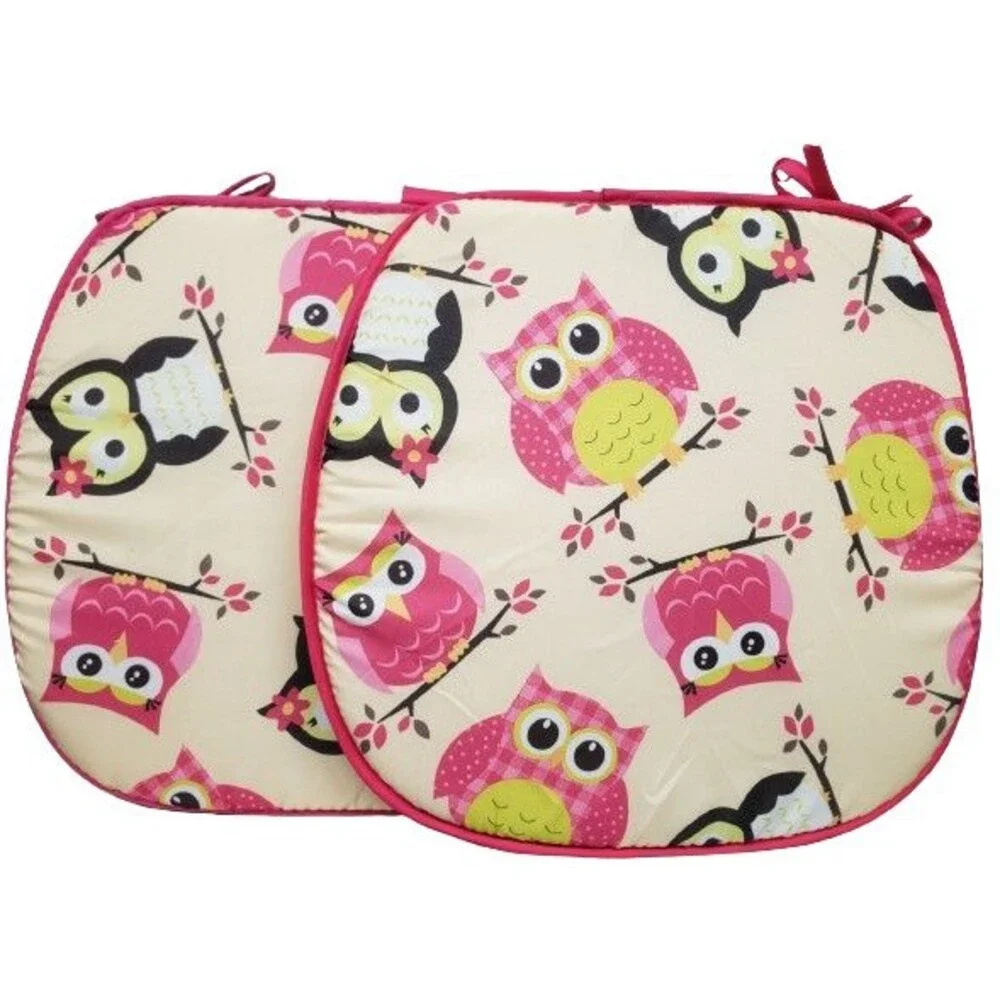 Set of 2 CHAIR PADS CUSHIONS with pink ties, 15x15", CUTE COLORFUL OWLS, BH
